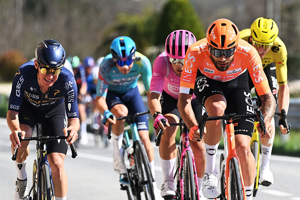CAMERINO, ITALY - MARCH 14: (L-R) Walter Calzoni of Italy and Team Pinarello Q36.5 Pro Cycling and Filippo Ganna of Italy and Team INEOS Grenadiers compete during the 61st Tirreno-Adriatico 2026, Stage 6 a 188km stage from San Severino Marche to Camerino 656m / #UCIWT / on March 14, 2026 in San Severino Marche, Italy. (Photo by Tim de Waele/Getty Images)
