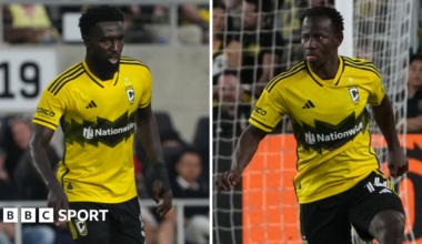 Derrick Jones and Yaw Yeboah split picture, showing both in Columbus Crew's yellow and white kit in match action