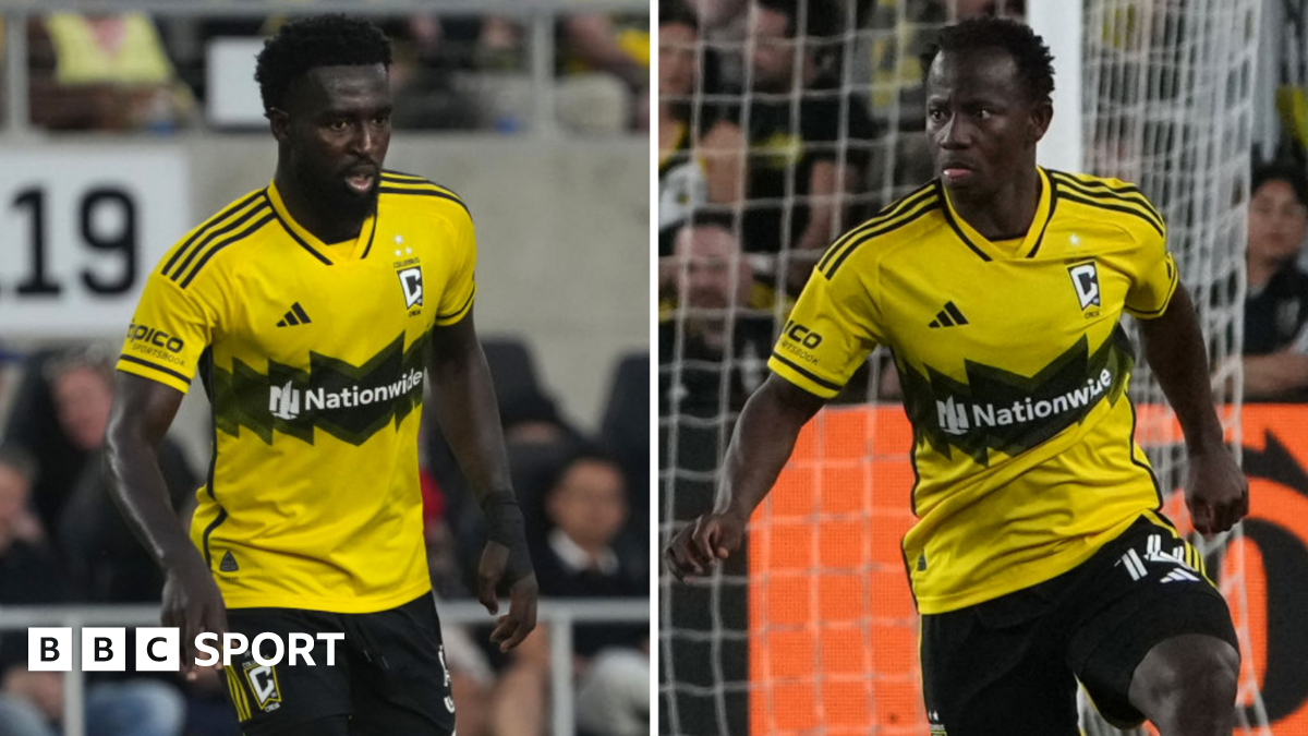 Derrick Jones and Yaw Yeboah split picture, showing both in Columbus Crew's yellow and white kit in match action