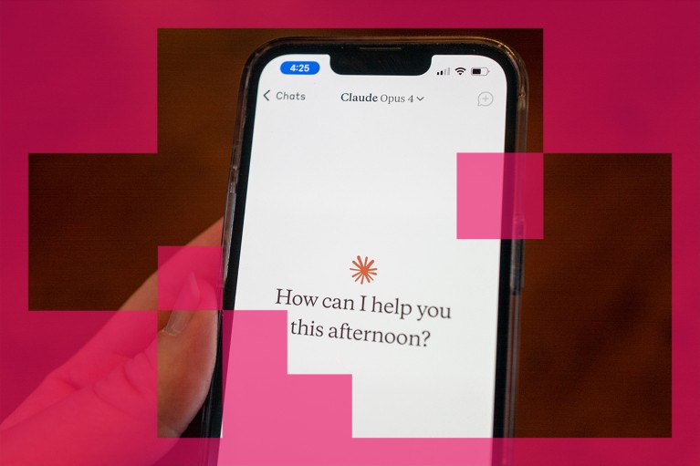 Close-up of a person's hand holding a smartphone and using the Opus 4 model within the Claude app from AI company Anthropic.