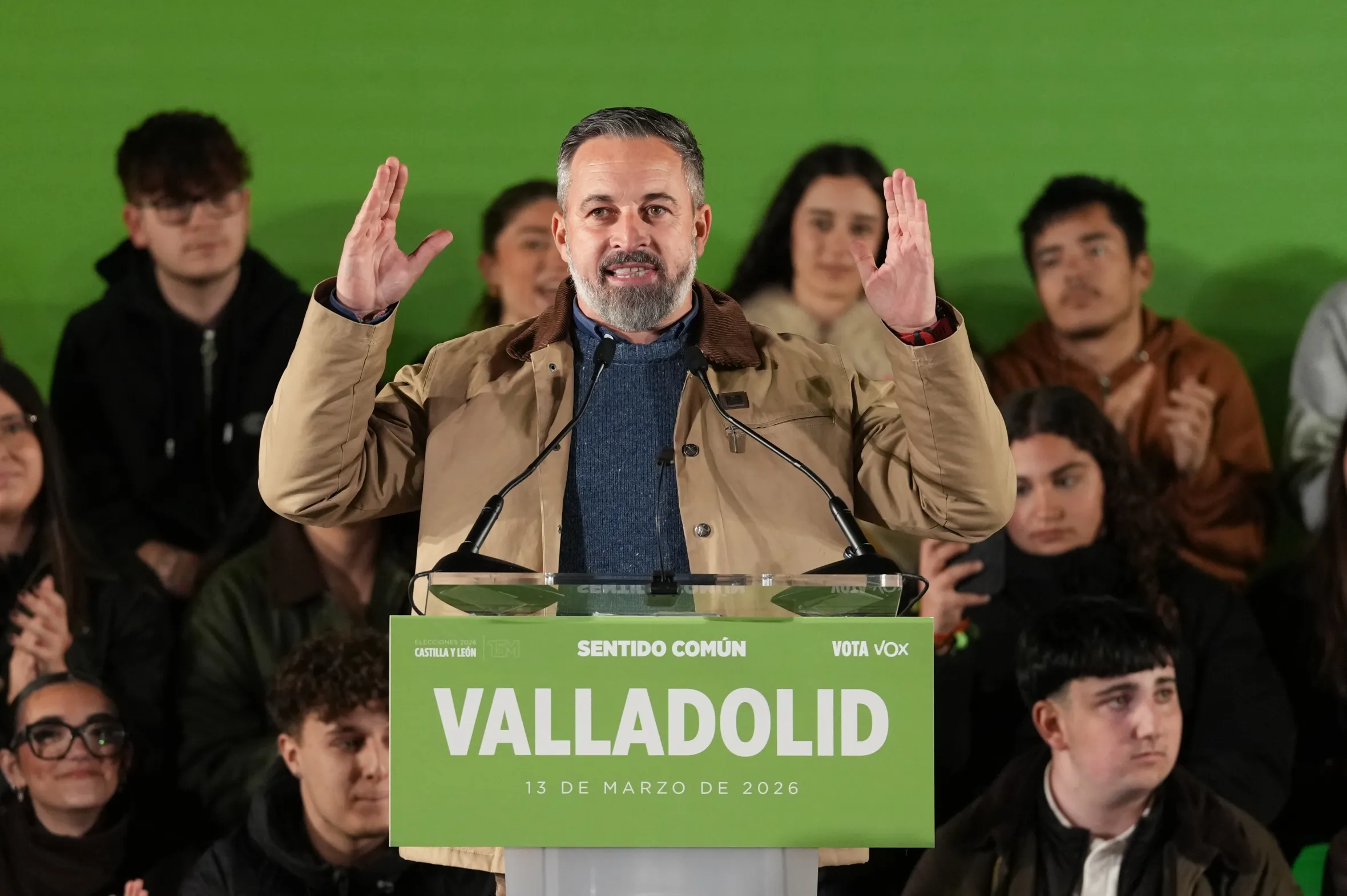 Santiago Abascal speaking at a VOX campaign event in Valladolid, Castilla y Leon, Spain.
