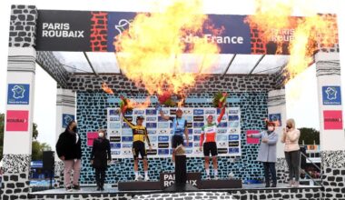 ROUBAIX, FRANCE - OCTOBER 02: (L-R) Marianne Vos of Netherlands and Jumbo Visma Team on second place, stage winner Elisabeth Deignan-Armitstead of United Kingdom and Team Trek - Segafredo and Elisa Longo Borghini of Italy and Team Trek - Segafredo on third place, pose with trophies on the podium during the podium ceremony after the 1st Paris-Roubaix 2021 - Women&amp;apos;s Elite a 116,4km race from Denain to Roubaix / #ParisRoubaixFemmes / #ParisRoubaix / on October 02, 2021 in Roubaix, France. (Photo by Tim de Waele/Getty Images)