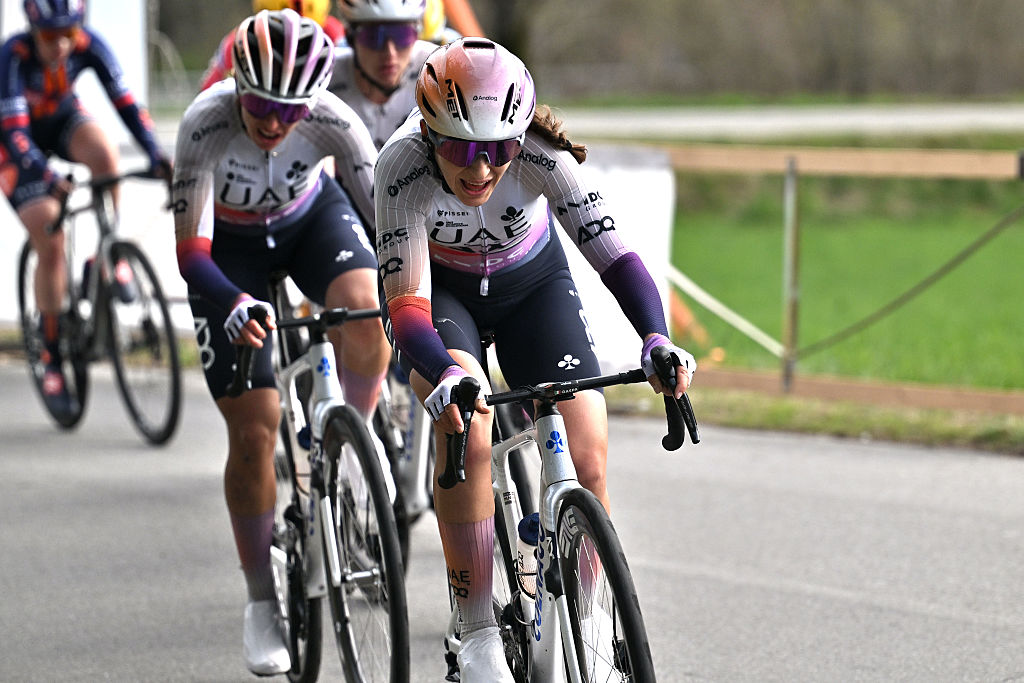 CITTIGLIO, ITALY - MARCH 15: Eleonora Camilla Gasparrini of Italy and UAE Team ADQ competes in the breakaway during the 27th Trofeo Alfredo Binda - Comune di Cittiglio 2026 a 152.7km one dat race from Luino to Cittiglio / #UCIWWT / on March 15, 2026 in Cittiglio, Italy.Luino, Italy. (Photo by Luc Claessen/Getty Images)