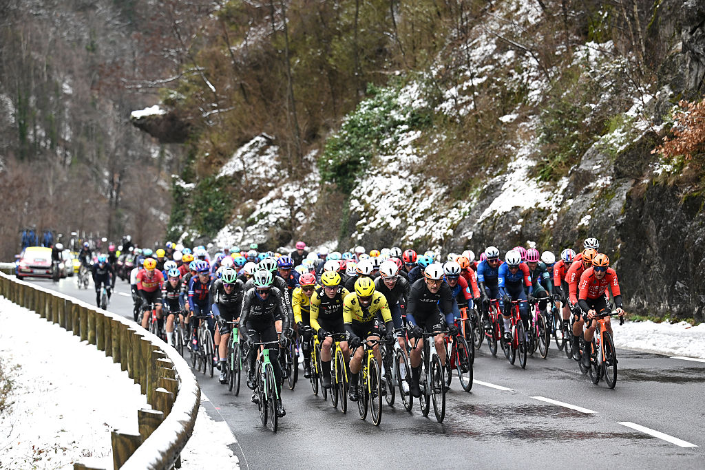 ISOLA, FRANCE - MARCH 14: A general view of the peloton prior to the 84th Paris-Nice 2026, Stage 7 a 47km stage from Pont Louis Nucera to Isola 855m / Stage shortened due to adverse weather conditions / #UCIWT / on March 14, 2026 in Pont Louis Nucera, France. (Photo by Szymon Gruchalski/Getty Images)