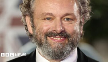 A close up shot of Michael Sheen. He has a grey beard and curly greying hair, and smiles at the camera. The background is blurred.