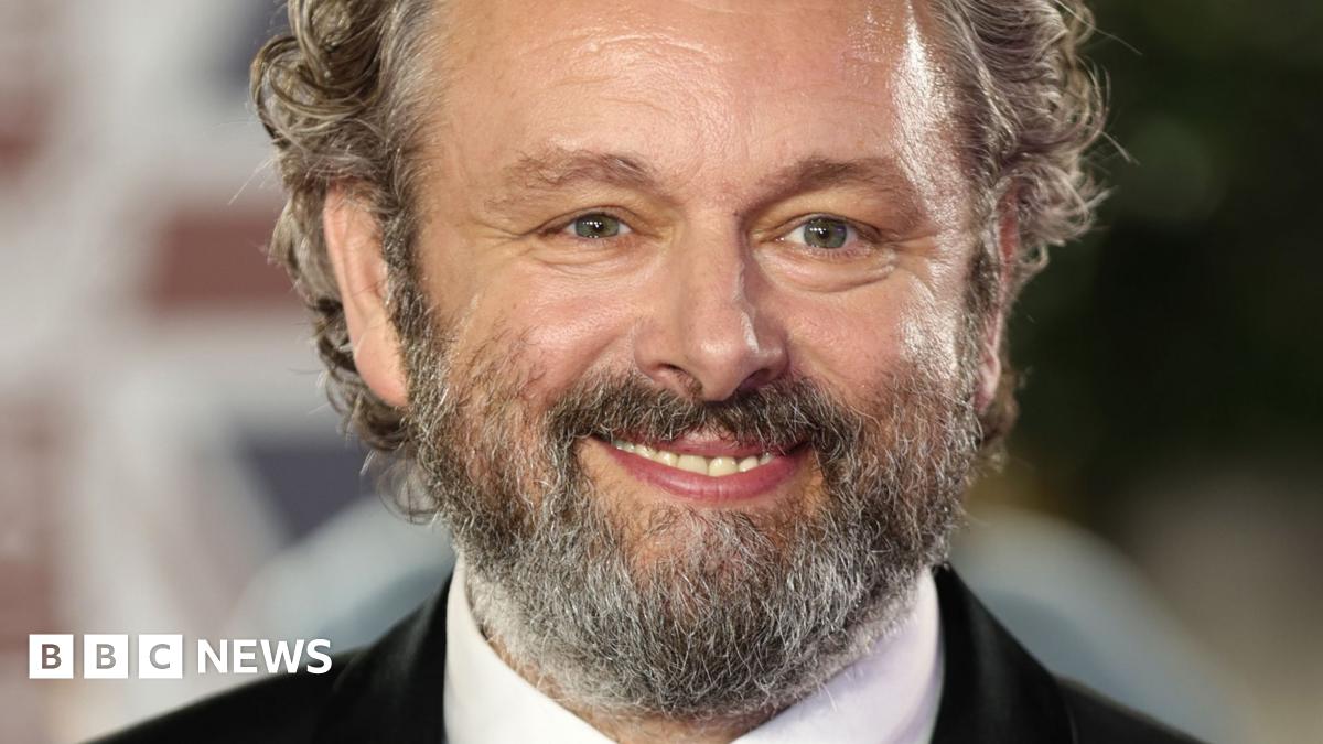 A close up shot of Michael Sheen. He has a grey beard and curly greying hair, and smiles at the camera. The background is blurred.