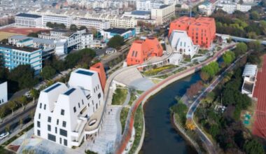 red and white geometric sports complex emerges along daixi’s river