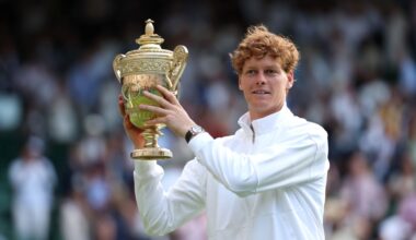 LONDON, ENGLAND - JULY 13: Jannik Sinner of Italy poses with the Gentlemen’s Singles Trophy following his victory against Carlos Alcaraz of Spain during the Gentlemen’s Singles Final on day fourteen of The Championships Wimbledon 2025 at All England Lawn Tennis and Croquet Club on July 13, 2025 in London, England. (Photo by Julian Finney/Getty Images)