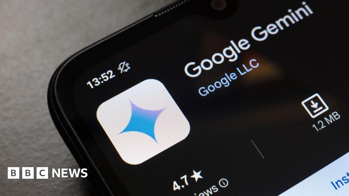 A close up of a smartphone with the Google Gemini AI app ready to download from an app store