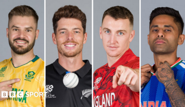 A split graphic of South Africa captain Aiden Markram, New Zealand captain Mitchell Santner, England captain Harry Brook and India captain Suryakumar Yadav