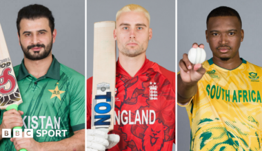 A split graphic of Pakistan's Sahibzada Farhan, England's Will Jacks and South Africa's Lungi Ngidi