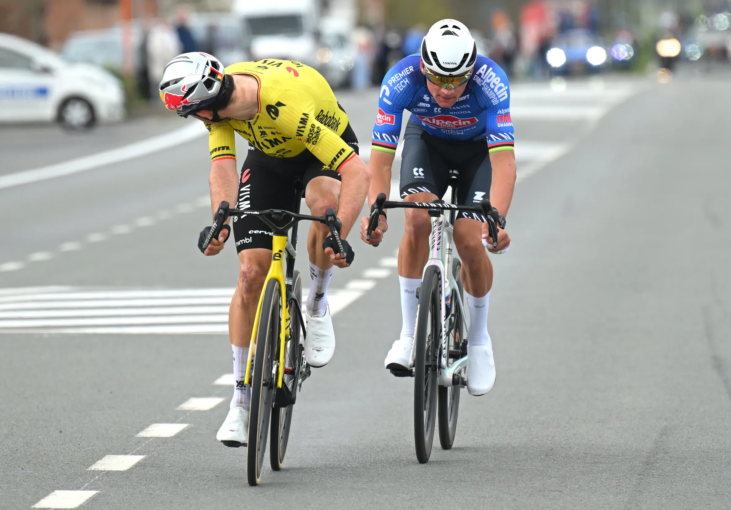 Wout van Aert and Mathieu van der Poel competing in a breakaway during the 88th In Flanders Fields race.