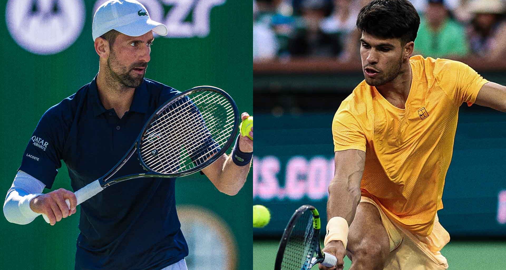Novak Djokovic and Carlos Alcaraz in action at the BNP Paribas Open on Saturday.