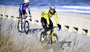 Belgian Wout van Aert of Team Visma-Lease a Bike and Dutch Mathieu van der Poel of Alpecin-Premier Tech pictured at the start of the men elite 'Middelkerke-Wevelgem - In Flanders Fields' one day cycling race, 240.8 km from Middelkerke to Wevelgem, on Sunday 29 March 2026. BELGA PHOTO JASPER JACOBS (Photo by JASPER JACOBS / BELGA MAG / Belga via AFP)