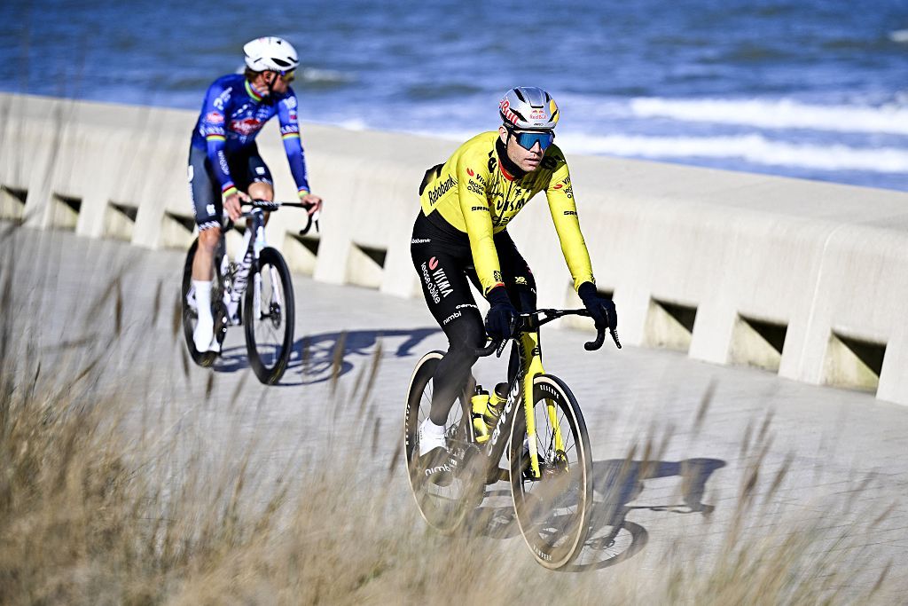 Belgian Wout van Aert of Team Visma-Lease a Bike and Dutch Mathieu van der Poel of Alpecin-Premier Tech pictured at the start of the men elite 'Middelkerke-Wevelgem - In Flanders Fields' one day cycling race, 240.8 km from Middelkerke to Wevelgem, on Sunday 29 March 2026. BELGA PHOTO JASPER JACOBS (Photo by JASPER JACOBS / BELGA MAG / Belga via AFP)