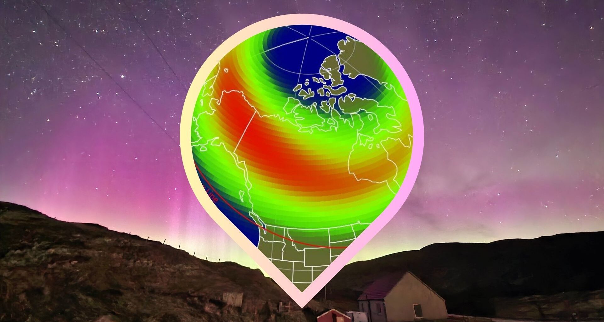a map of the US with the aurora viewline showing which 9 states auroras could be visible from tonight.