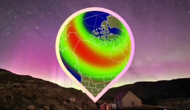 a map of the US with the aurora viewline showing which 9 states auroras could be visible from tonight.
