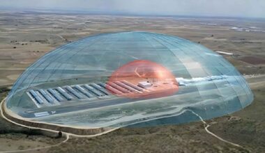 Concept image of Sentitech’s Domus Sentinela double-dome perimeter security system protecting a large airfield with layered detection zones.