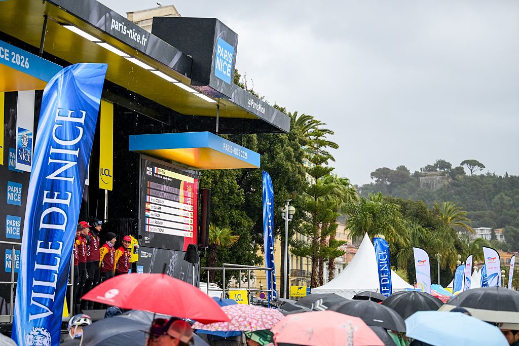 Picture shows the extreme rain conditions pictured before the start of the seventh stage of the 84th edition of the Paris-Nice cycling race, from Nice to Isola (120,4 km), on Saturday 14 March 2026. BELGA PHOTO DAVID PINTENS (Photo by DAVID PINTENS / BELGA MAG / Belga via AFP)