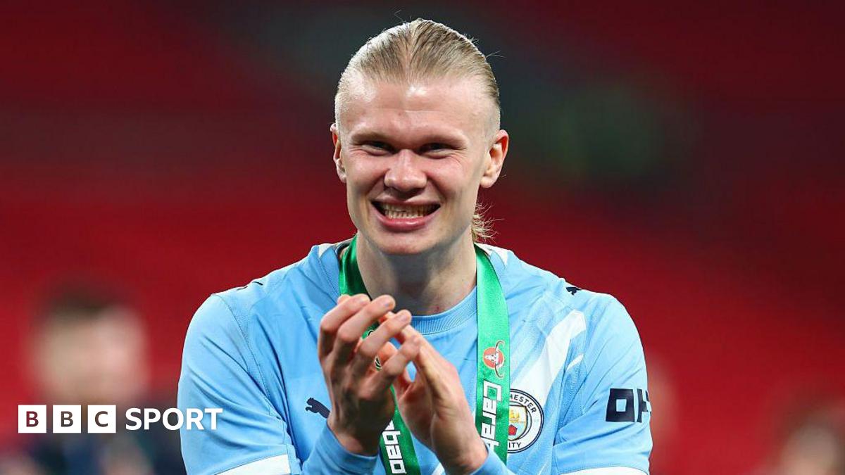 Erling Haaland celebrates winning the Carabao Cup with Manchester City