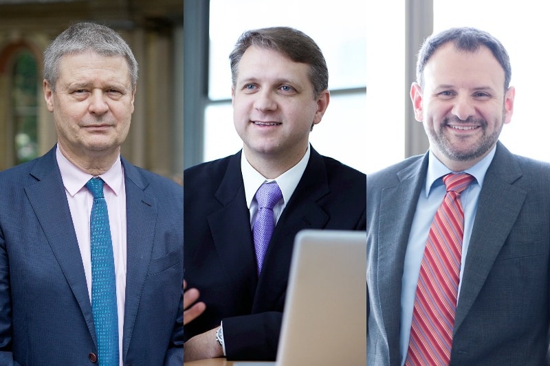 Two photos of men in suits and ties smiling are shown side by side.