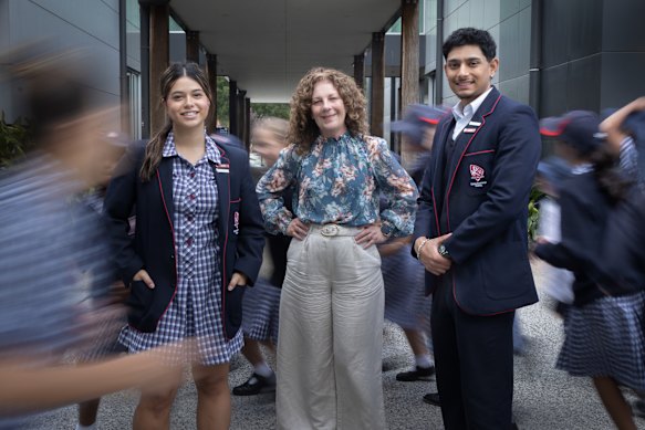 Casey Grammar principal Fiona Williams flanked by students Shamita Ah Tong-Pereira and Deep Armaan Singh.