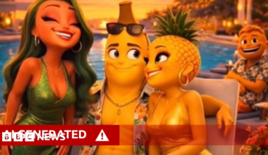 A screenshot from the viral AI TikTok series Fruit Love Island