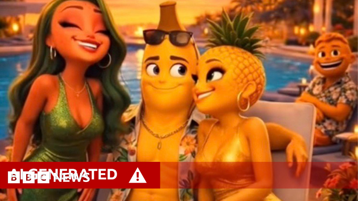 A screenshot from the viral AI TikTok series Fruit Love Island