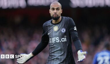 Rob Sanchez shrugging and holding out his arms after Arsenal defeat