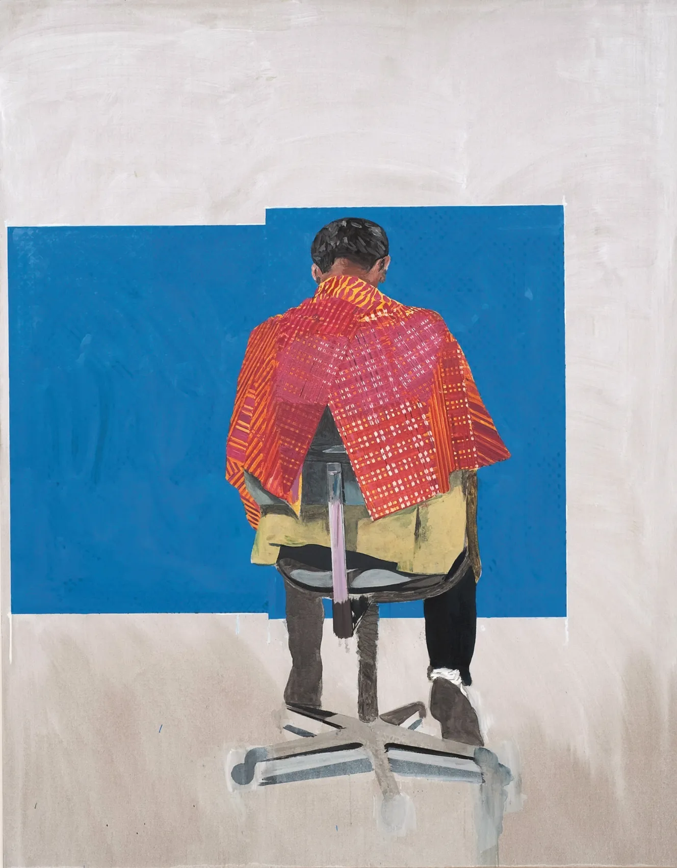Illustration of Hurvin Anderson's Peter’s Sitters II, showing a person sitting on an office chair from behind, wearing a red and orange patterned garment, against a blue and light gray background.
