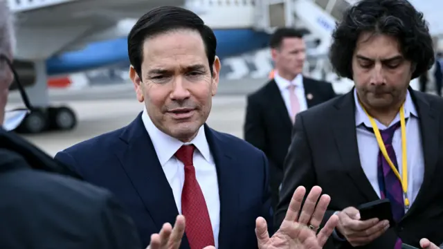 US Secretary of State Marco Rubio speaks to the press before his departure following a G7 Foreign Ministers' meeting with Partner Countries.