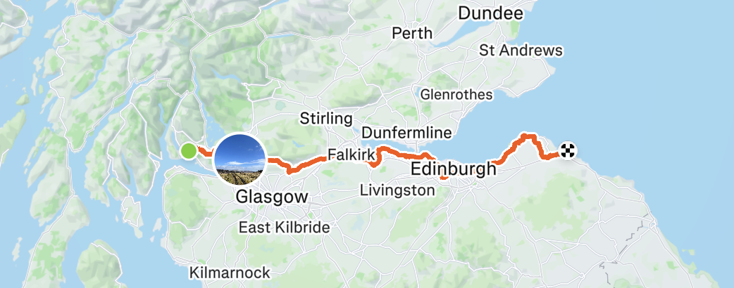 A screenshot showing the route for Cameron Mason's John Muir Way ride
