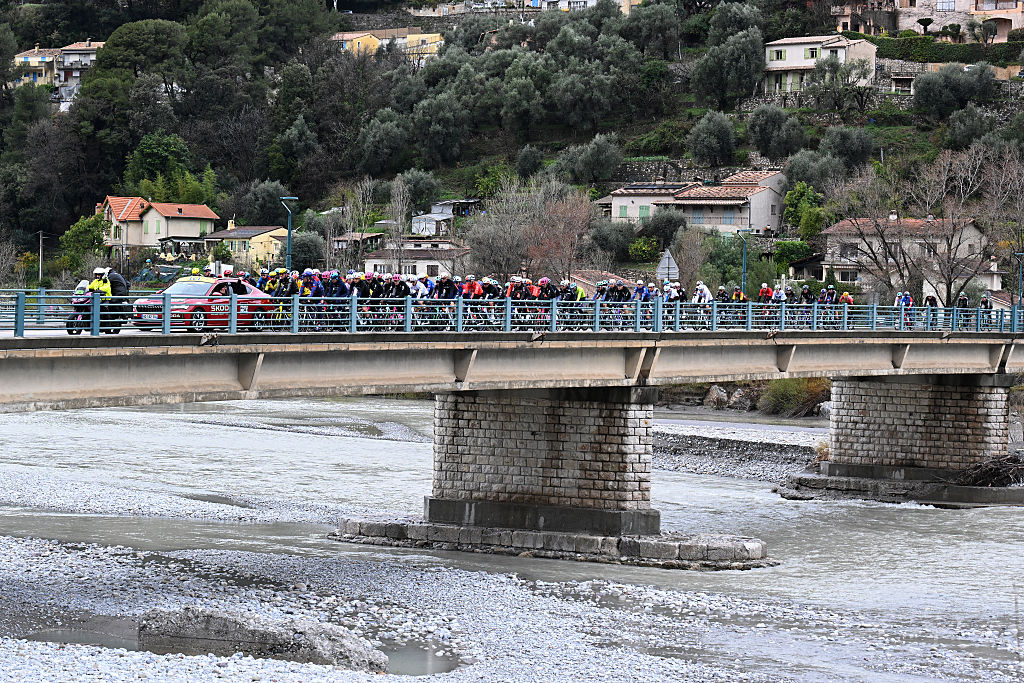 PONT LOUIS NUCERA, FRANCE - MARCH 14: A general view of the peloton prior to the 84th Paris-Nice 2026, Stage 7 a 47km stage from Pont Louis Nucera to Isola 855m / Stage shortened due to adverse weather conditions / #UCIWT / on March 14, 2026 in Pont Louis Nucera, France. (Photo by Szymon Gruchalski/Getty Images)