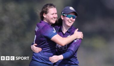 Scotland captain Kathryn Bryce celebrates a wicket with team-mate Katherine Fraser