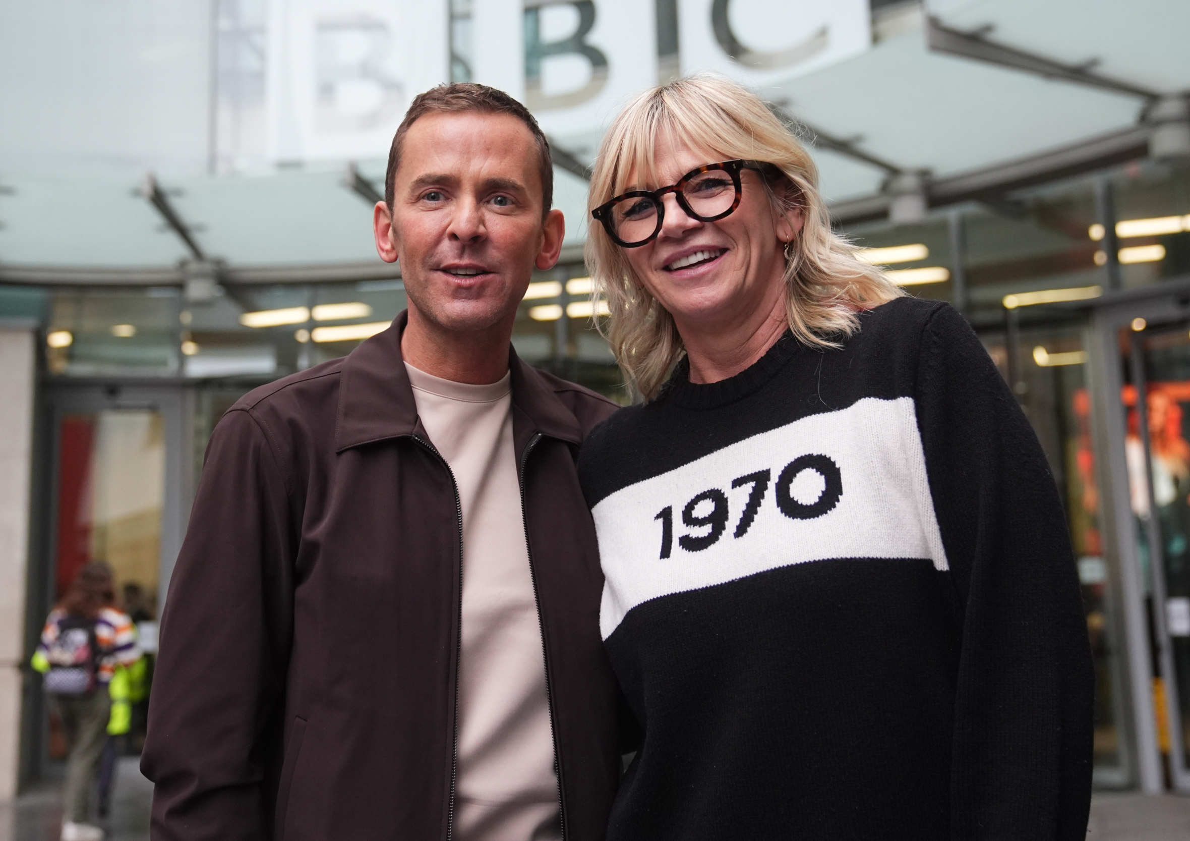 BBC Radio 2 presenters Zoe Ball and Scott Mills leaving Wogan House after the announcement of Zoe stepping down.