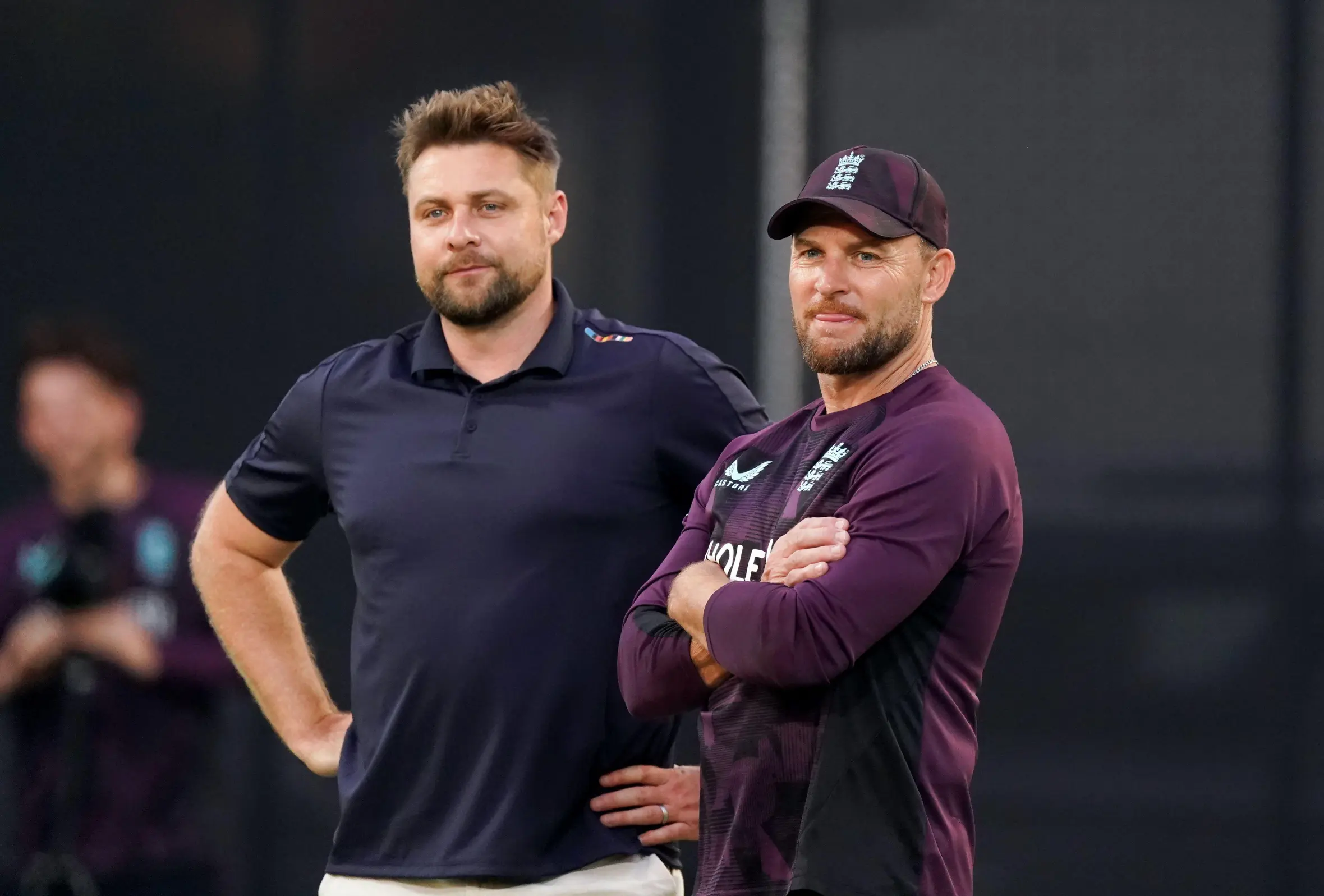 England cricket head coach Brendon McCullum and national selector Luke Wright at a nets session in Brisbane.