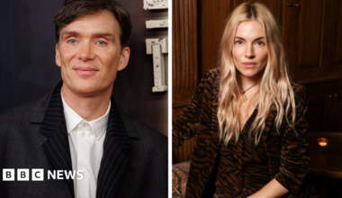 A composite photo of a dark-haired man in a suit and white shirt and a blonde woman in a leopard-patterned shirt sitting inside a room.