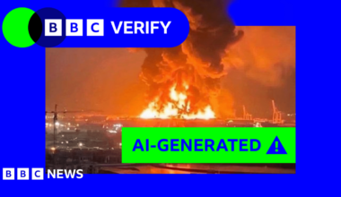 An image appearing to show a large explosion with a green "AI-generated" label
