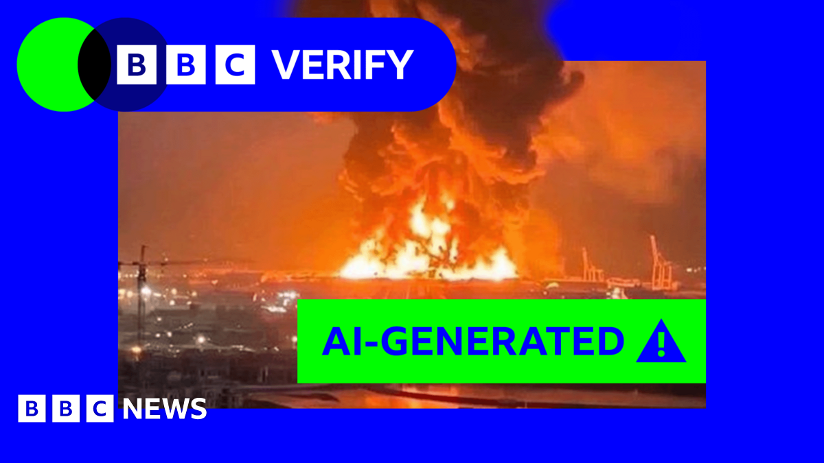 An image appearing to show a large explosion with a green "AI-generated" label