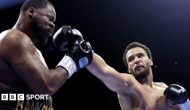 Moses Itauma celebrates as Jermaine Franklin is on the canvas