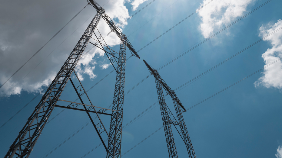 Power transmission towers are seen in Austin, Texas.
