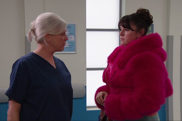 Doctor Todd and Kerry in a stand-off in Emmerdale