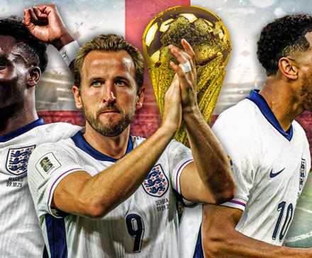 Bukayo Saka, Harry Kane, Jude Bellingham with the World Cup trophy and an England-themed background