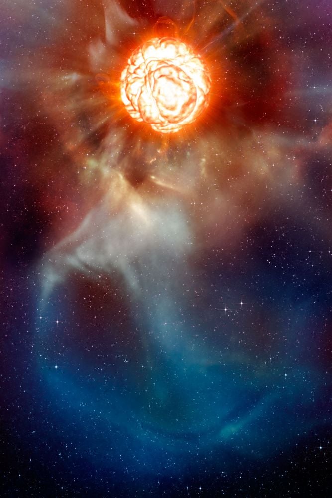 This artist's illustration shows a red supergiant star exploding as a supernova. Type II supernovae come from massive stars that become red supergiants late in life. New research explores the inner workings of these stars, and why some of their light curves are so different from one another. Image Credit: ESO/L. Calçada