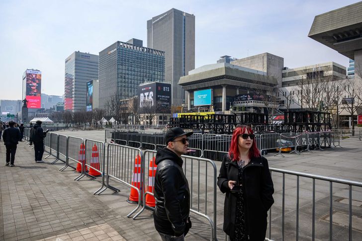 Access is restricted as stage construction is underway at Gwanghwamun Square in Seoul, Monday, five days ahead of BTS' comeback concert. Korea Times photo by Shim Hyun-chul