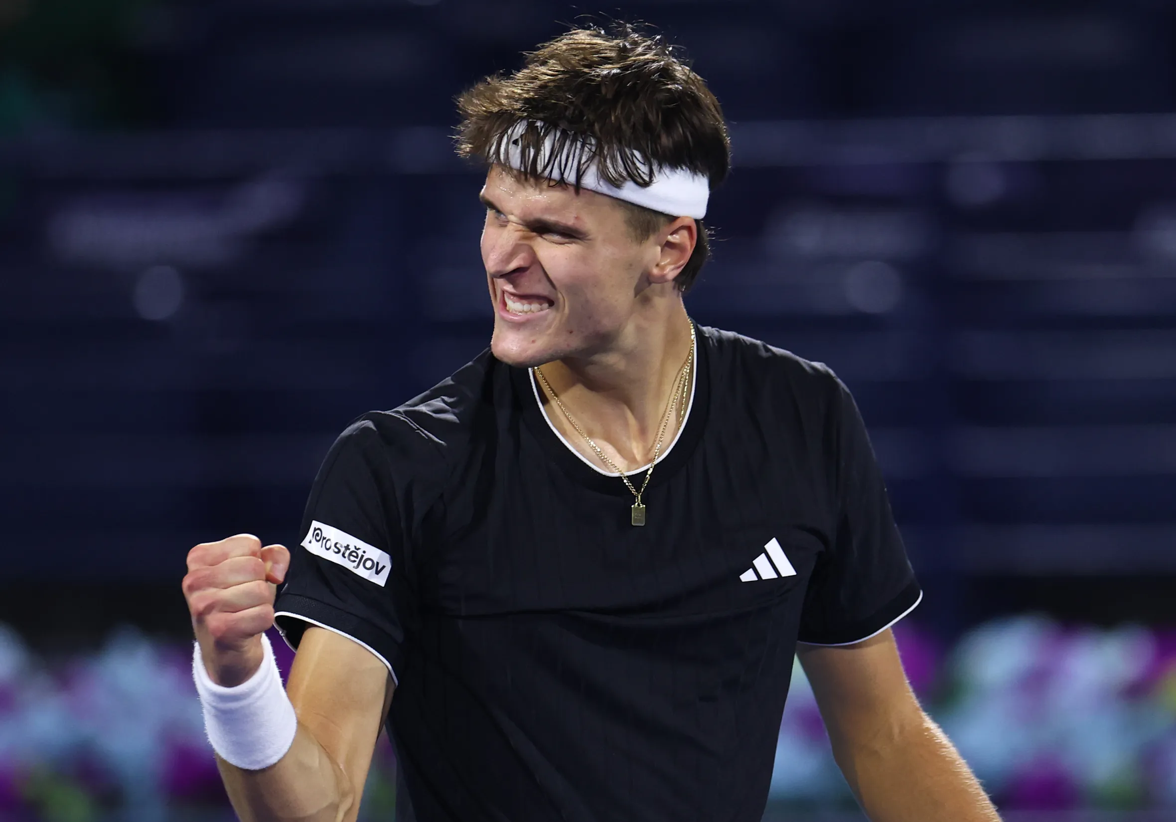 Jakub Mensik celebrates a point during his quarter-final match at the Dubai Duty Free Tennis Championships.