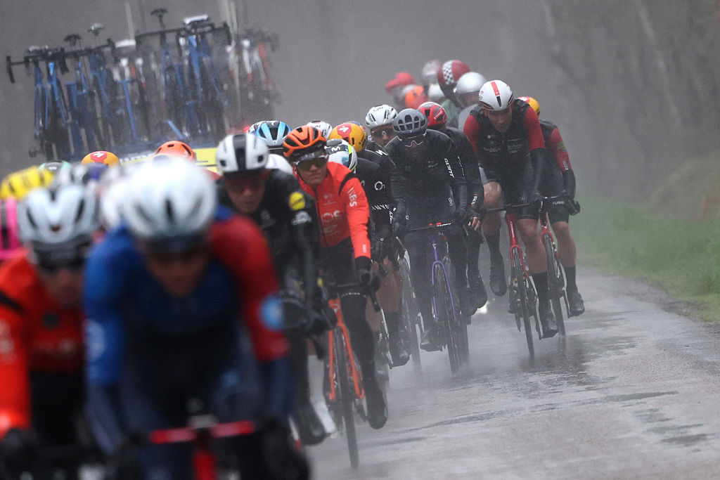A group of riders cycles in a breakaway during the 4th stage of the Paris-Nice cycling race, 195 km between Bourges and Uchon, on March 11, 2026. (Photo by Anne-Christine POUJOULAT / AFP)