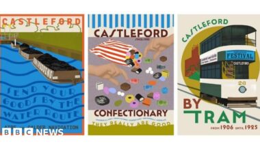 Three posters about Castleford’s history, including coal boats, sweets, and an old tram. Each poster is bold and simple, showing important parts of the town’s past.