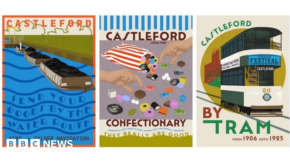 Three posters about Castleford’s history, including coal boats, sweets, and an old tram. Each poster is bold and simple, showing important parts of the town’s past.