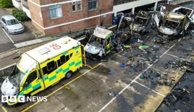 Charred remains of ambulances belonging to Hatzola, a Jewish community organisation, which were set on fire in an incident that the police say is being treated as an antisemitic hate crime, in northwest London, Britain, March 23, 2026.